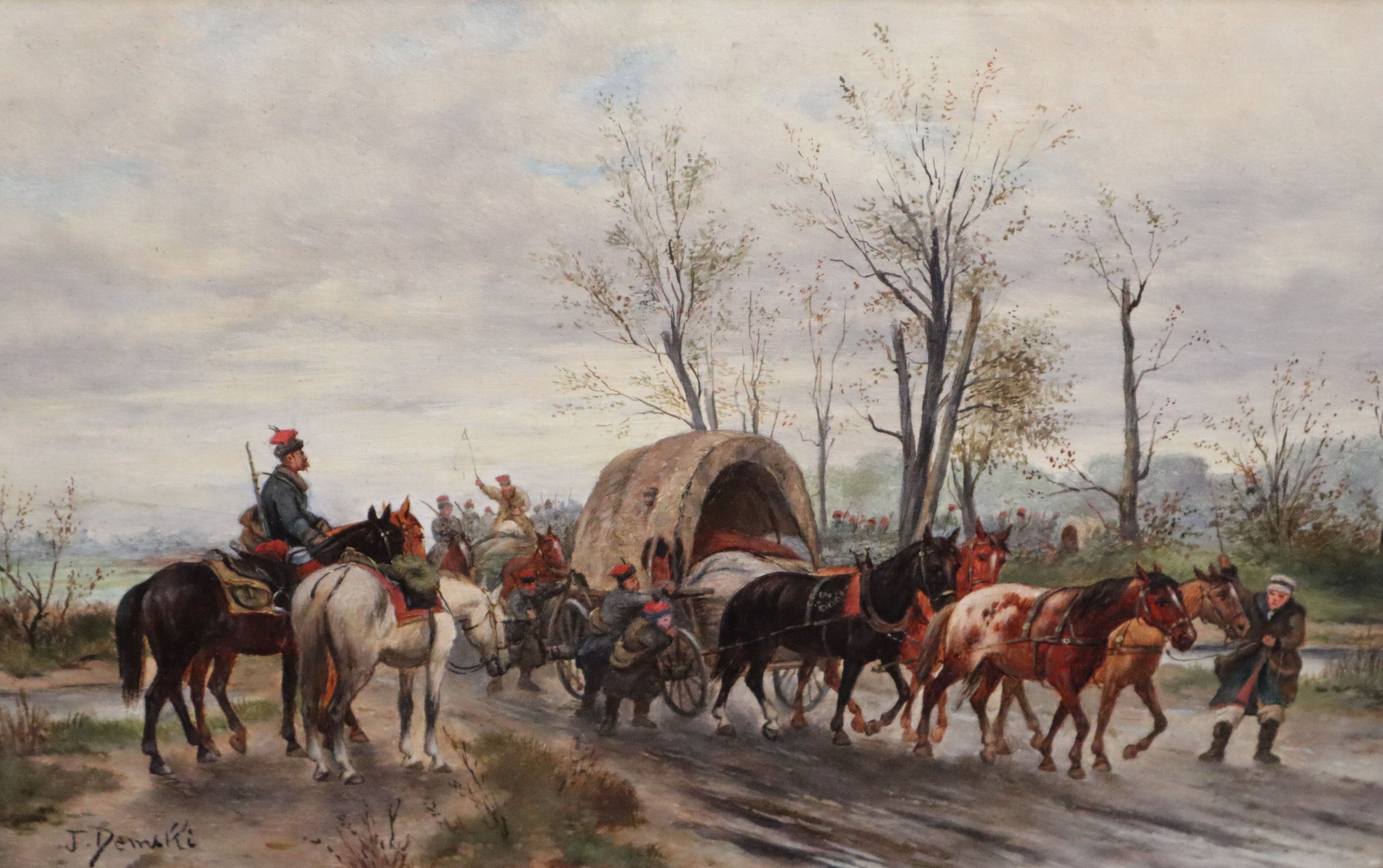 J. Demski (19th C Russian) Cossacks on country lanes 8 x 12in.